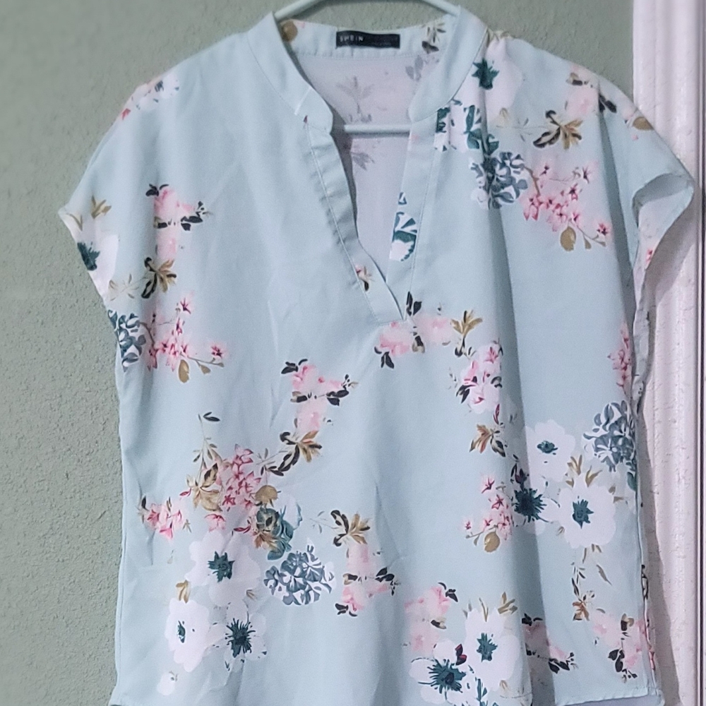 SHEIN Aqua Blouse with Flowers & Cap Sleeves